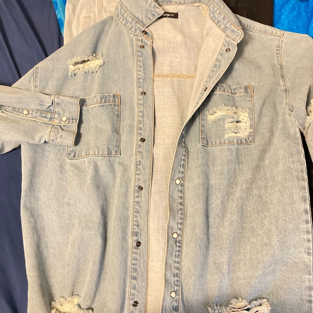 fashion nova light blue, stressed jacket with white gem stone like buttons